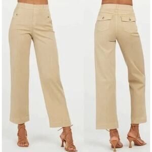 Spanx Mid Rise Stretch Twill Crop Wide Leg Pants Beige Women's Size Medium